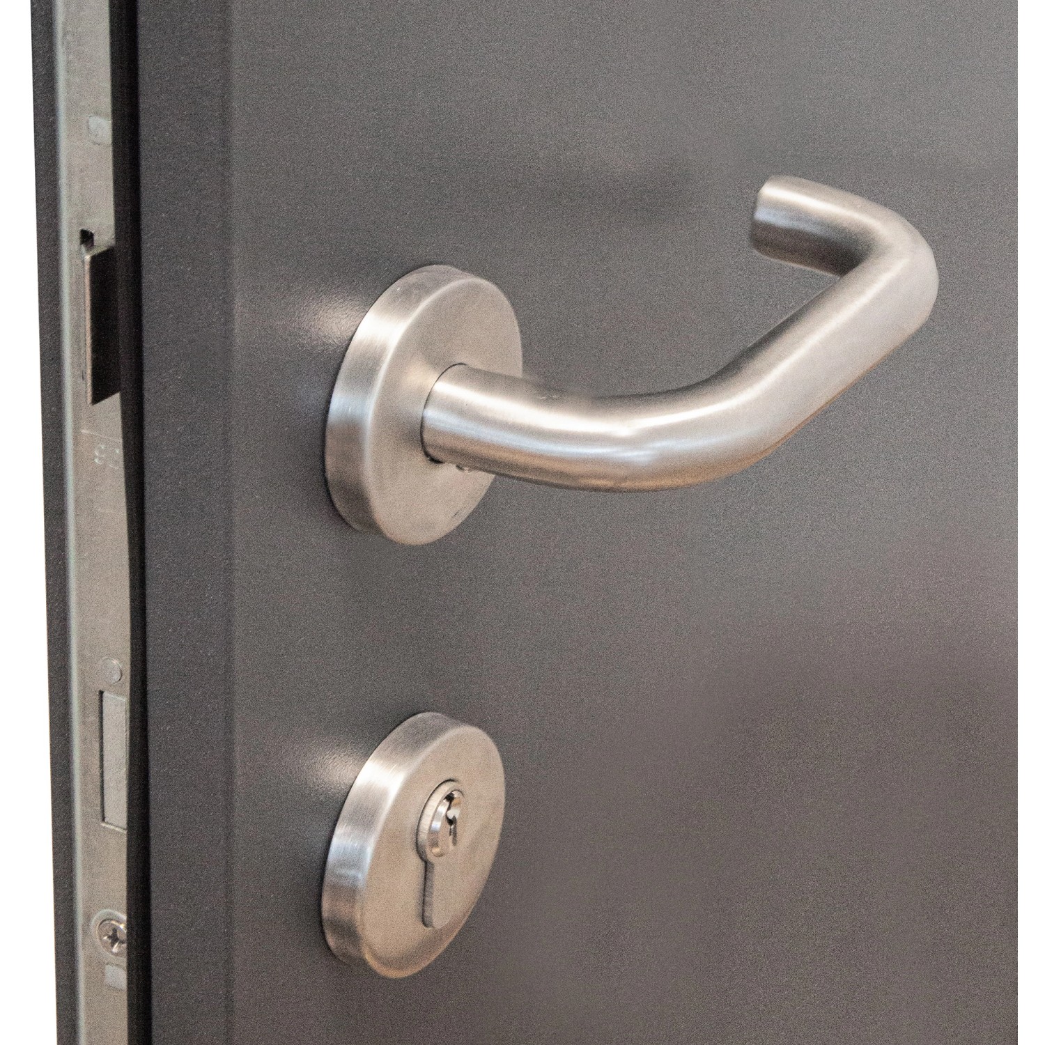 Detailaufnahme: Anthrazitfarbene Splendoor Haustür Berlin Prime mit Edelstahl-Drückergarnitur.