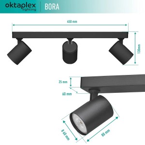 Oktaplex Bora 3-flammige LED-Deckenleuchte, schwarz, dreh- und schwenkbar, Aluminium Spotleuchte mit Maßen.