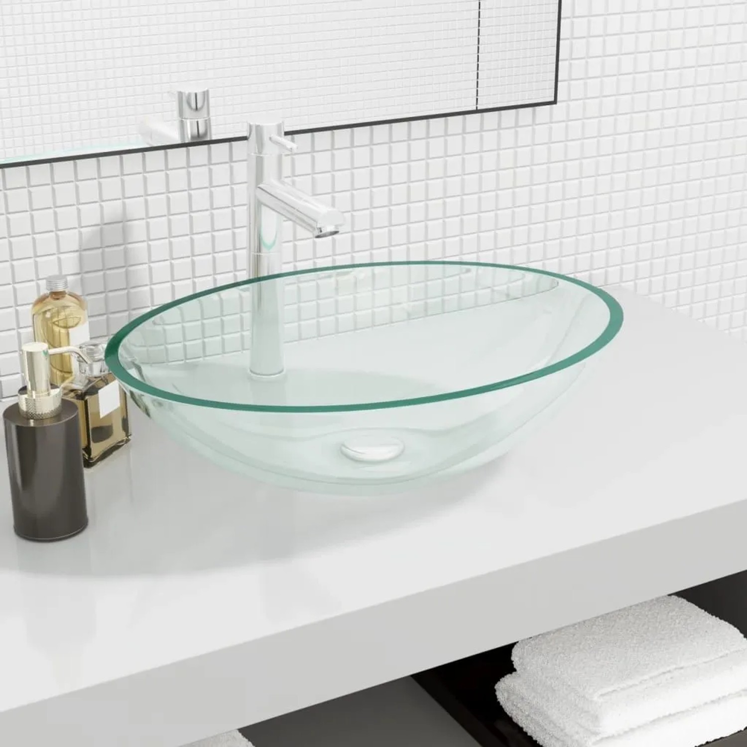 Transparentes Glas-Waschbecken (50x37x14 cm) von vidaXL auf weißer Waschtischplatte.