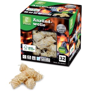 Flash Anzündwolle, 32 Stück, aus Naturholz und Wachs für Grill, Ofen und Kamin.