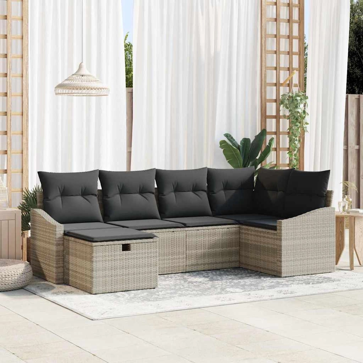 Beige-graues 6-tlg. vidaXL Garten-Sofa-Set mit Kissen und Stauraum.