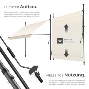 Tectake Klemmmarkise  Mit Handkurbel Uv Beständig 200 x 180 cm 180 x 200 x 304 cm Beige