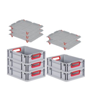 PROREGAL Eurobox Sparset: 5 graue Aufbewahrungsboxen mit roten Griffen und Auflagedeckel.