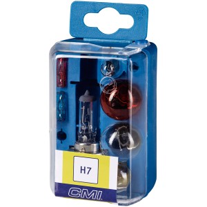 Ersatzlampenbox 12V H7, 7-teilig für Autoelektrik, mit verschiedenen Leuchtmitteln und Sicherungen in blauer Box.