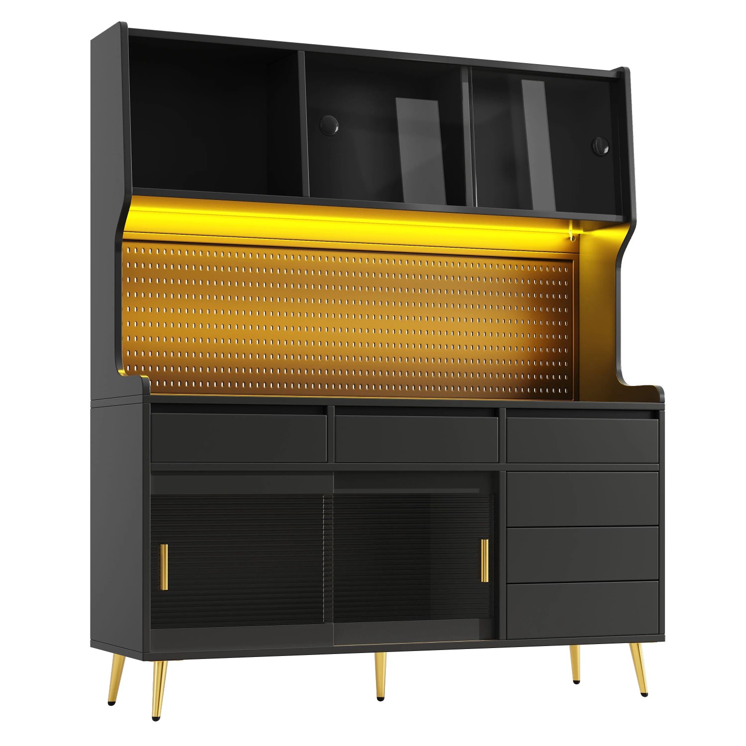 Merax Hochschrank 145x39x171cm  LED  App-Steuerung  Lochwand  Stauraum Schwarz