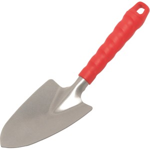 Blumenkelle aus Stahl mit rotem Kunststoffgriff und Aufhängeöse für Gartenarbeiten.