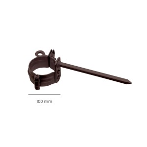 Dunkelbraune Inefa Rohrschelle DN 100 aus Stahl mit 110mm Schlagstift für die Wandmontage von Fallrohren.