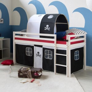 Weißes Homestyle4u Hochbett 90x200 mit Piraten-Vorhang und Tunnel.