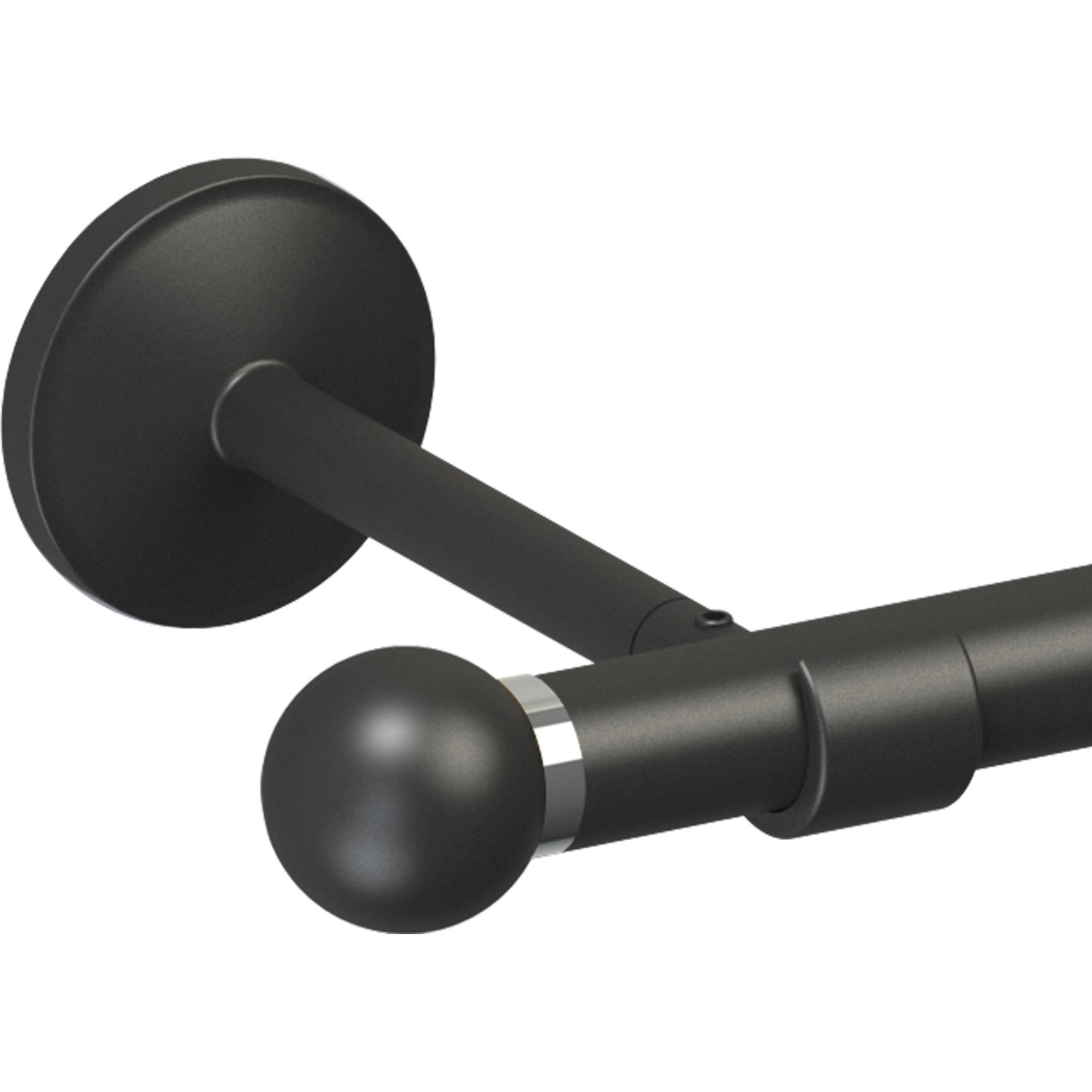 Schwarzes Gardinenstangen-Endstück in Kugelform (Ø 19 mm) an einer Gardinenstange.