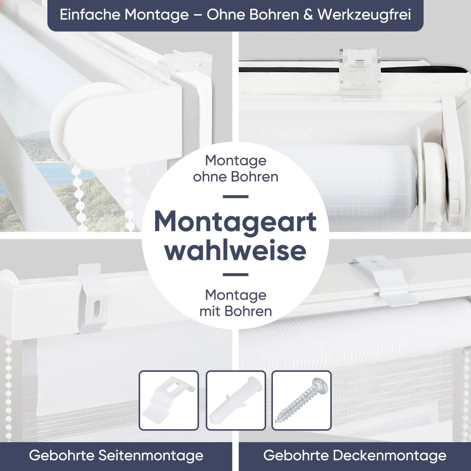 Detailansicht: Weißes Sekey Doppelrollo mit Klemmfix-Montage und optionaler Bohrmontage für Fenster.