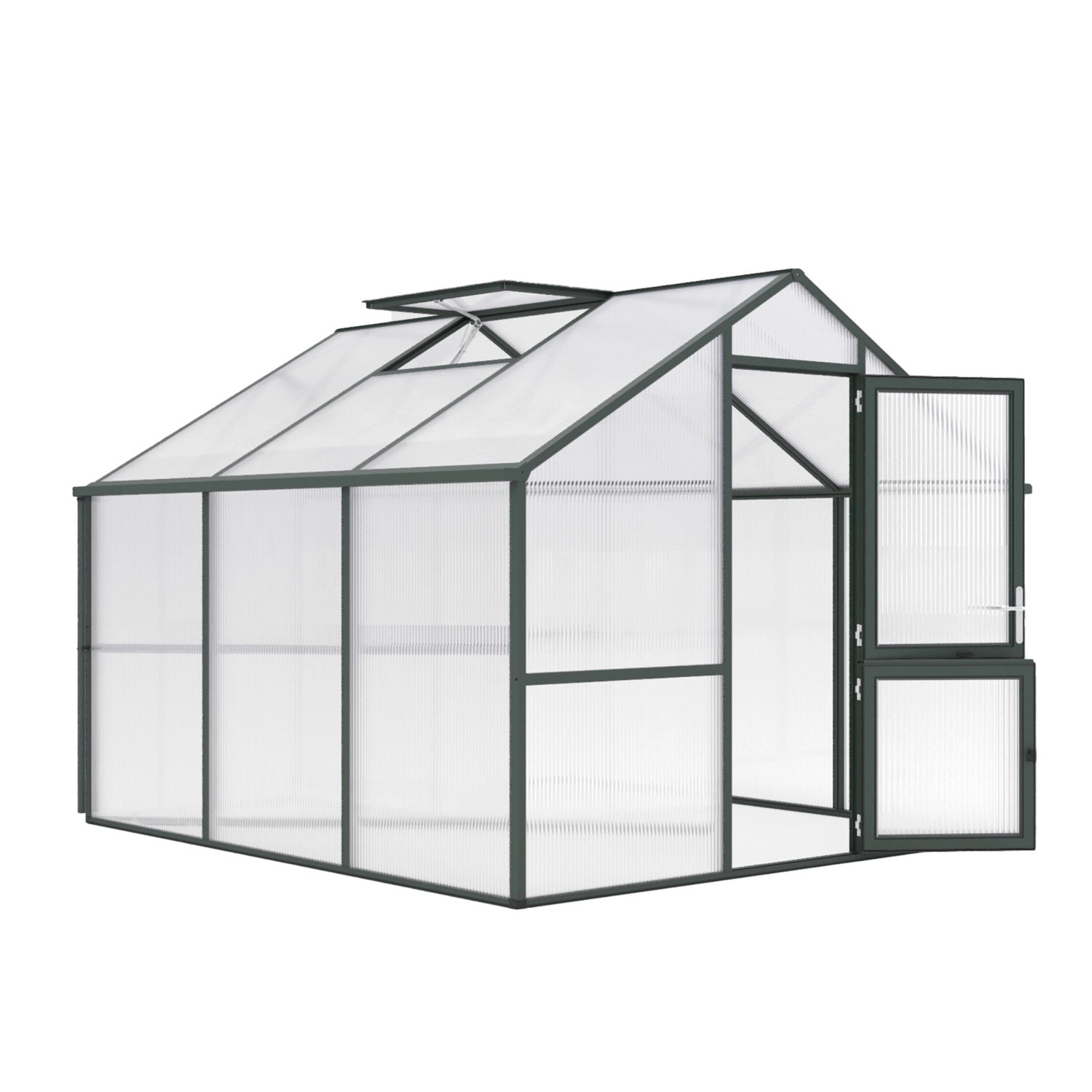 KGT Gewächshaus Nelke III, tannengrün, mit geöffneter Drehtür und Dachfenster.