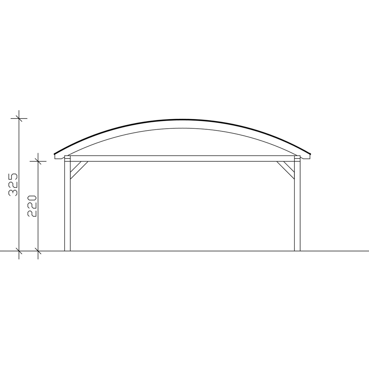 Skizze Skan Holz Bogendach-Carport Franken, Seitenansicht mit Höhenangaben.