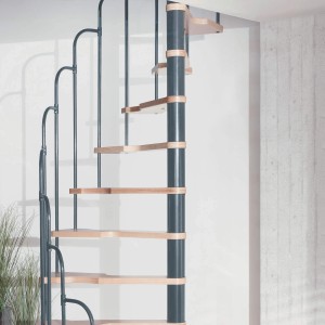 Treppen Intercon Raumspartreppe Skidoo Plus Halbgewendelte Spindeltreppe für Deckenöffnung 120 x 60 cm Metallfarbe Italo-Silber Stufen Buche