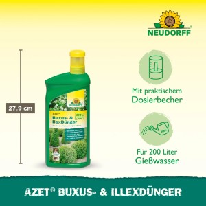 Neudorff Azet Buxus- & Ilex-Dünger Flüssig 1 l Flasche für gesundes Wachstum und tiefgrüne Blätter.