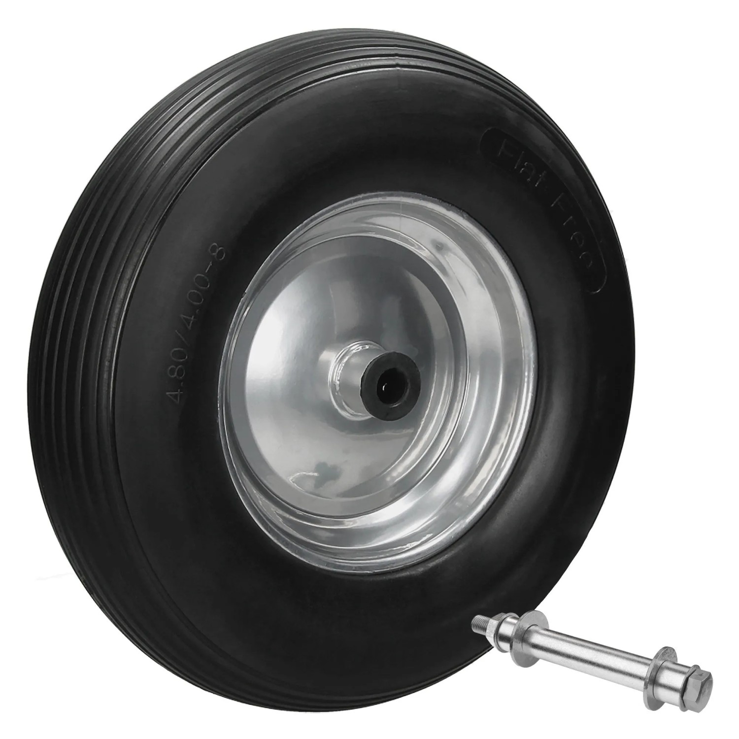 Schwarzes pannensicheres Schubkarrenrad aus PU-Gummi mit silberner Stahlfelge und Achse, Ø 390 mm.