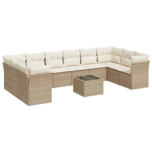 Beige vidaXL Garten-Sofagarnitur (11-tlg) aus Rattan mit Kissen. Gartenmöbel-Set mit Tisch und Polstern.