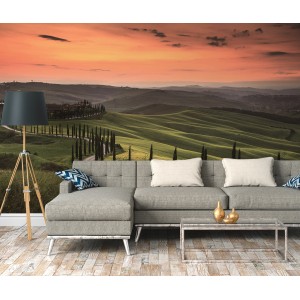 Fototapete Toskana Landschaft bei Sonnenuntergang, grüne Hügel und Zypressenallee.