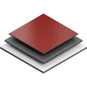 Schnittansicht von Laminat in Rot, Grau und Weiß, geeignet für Bosch Stichsägeblätter.