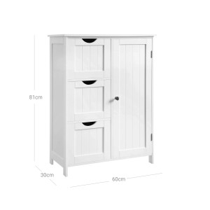 Weißer Vasagle Badezimmerschrank mit 3 Schubladen und einer Tür. Sideboard für Bad oder Flur.