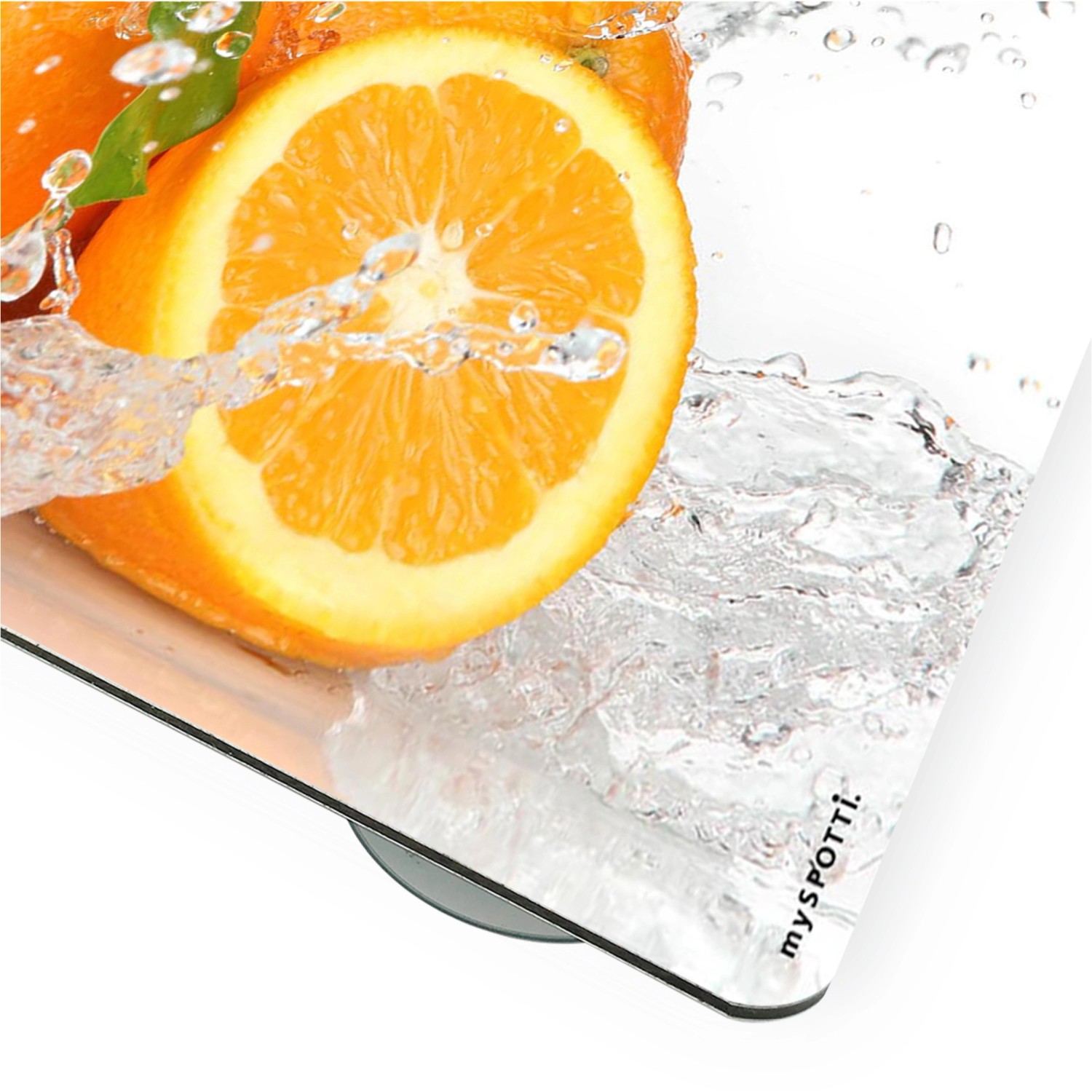 Myspotti Mini-Spritzschutzplatte Aqua Orange (59x41cm) mit Orangen und Wasser.
