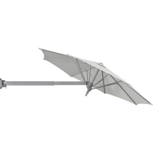 Grau-silberner Ampelschirm, Ø 245 cm, mit Dreh- und Neigungsfunktion für flexible Beschattung.