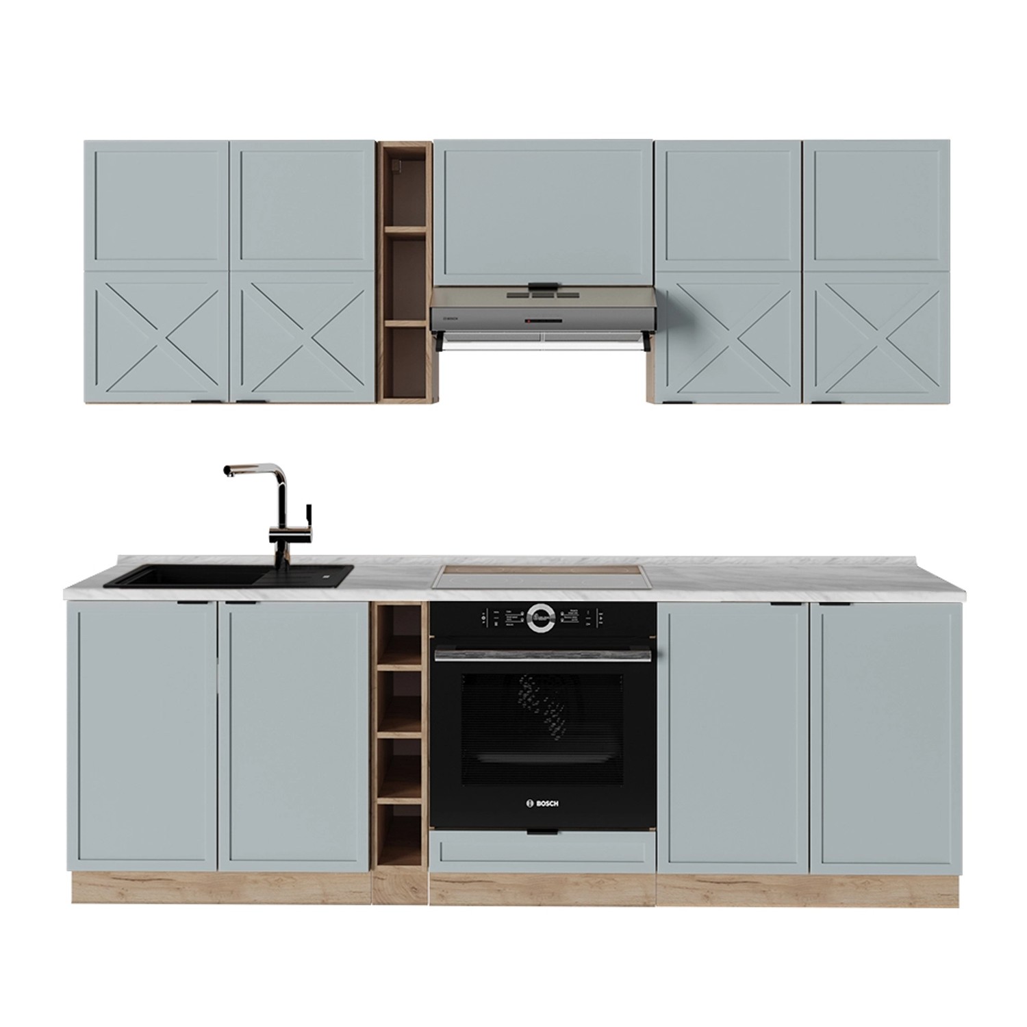 Vicco Fame-Line Küchenzeile Hellblau-grau/Goldkraft Eiche 235 cm AP Marmor günstig online kaufen