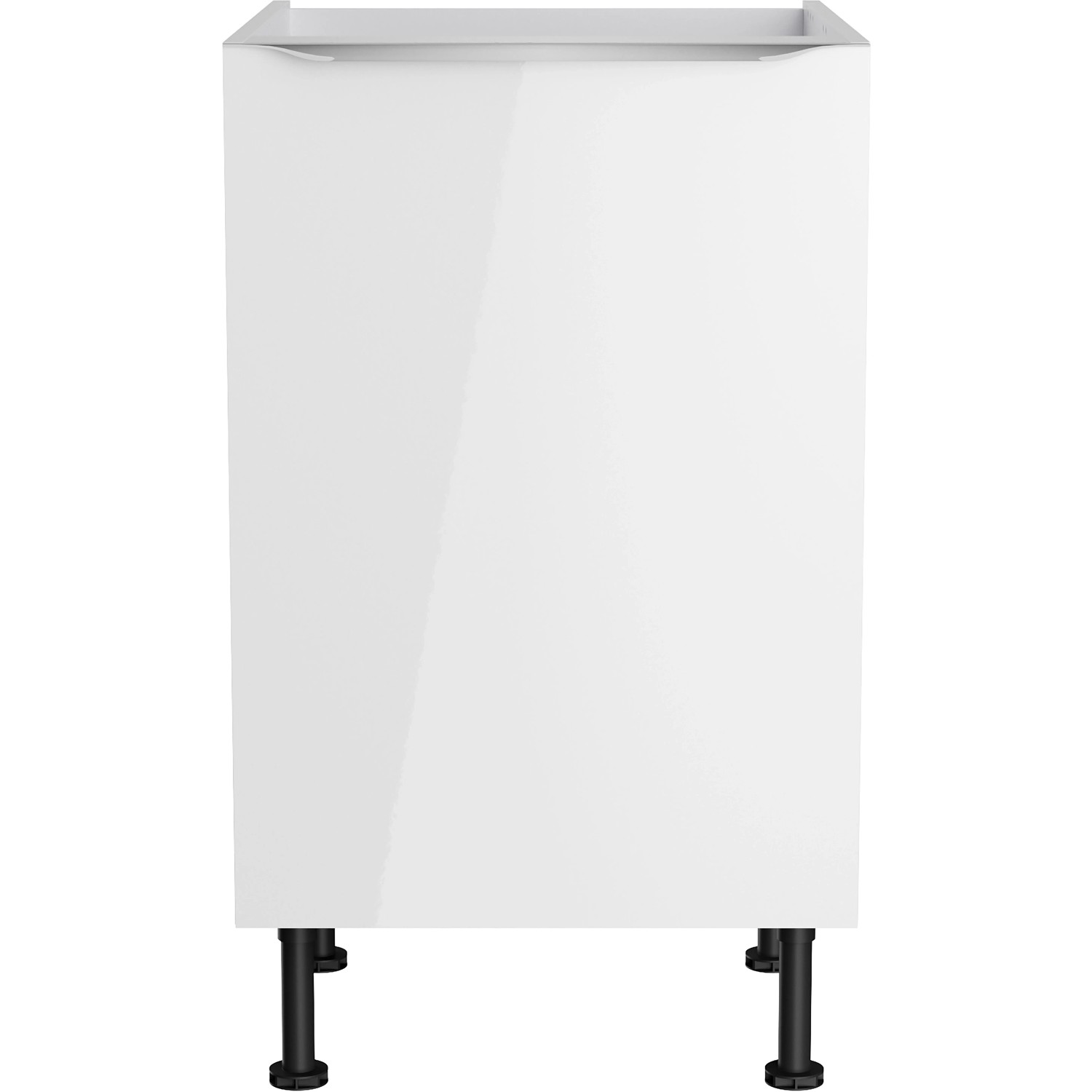 Optifit Spülenunterschrank Arvid986, 50 cm, weiß, mit glänzender Tür und schwarzen Füßen.