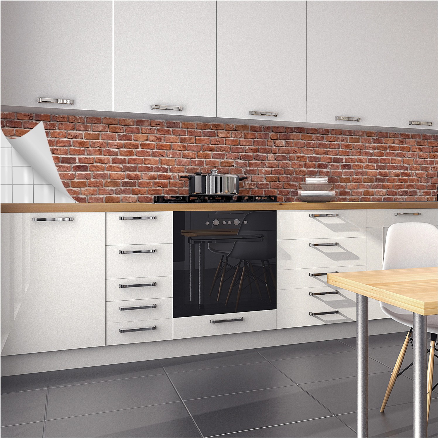 Küchenrückwandfolie in Ziegelrot mit Backsteinmuster in moderner Küche.