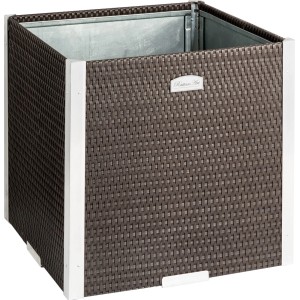 Quadratischer, brauner Wilk Polyrattan-Pflanzkübel (46x46 cm) mit Alu-Beschlägen.