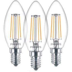 3er Set Philips E14 LED-Leuchtmittel in Kerzenform, 4,3 W, warmweißes Licht.