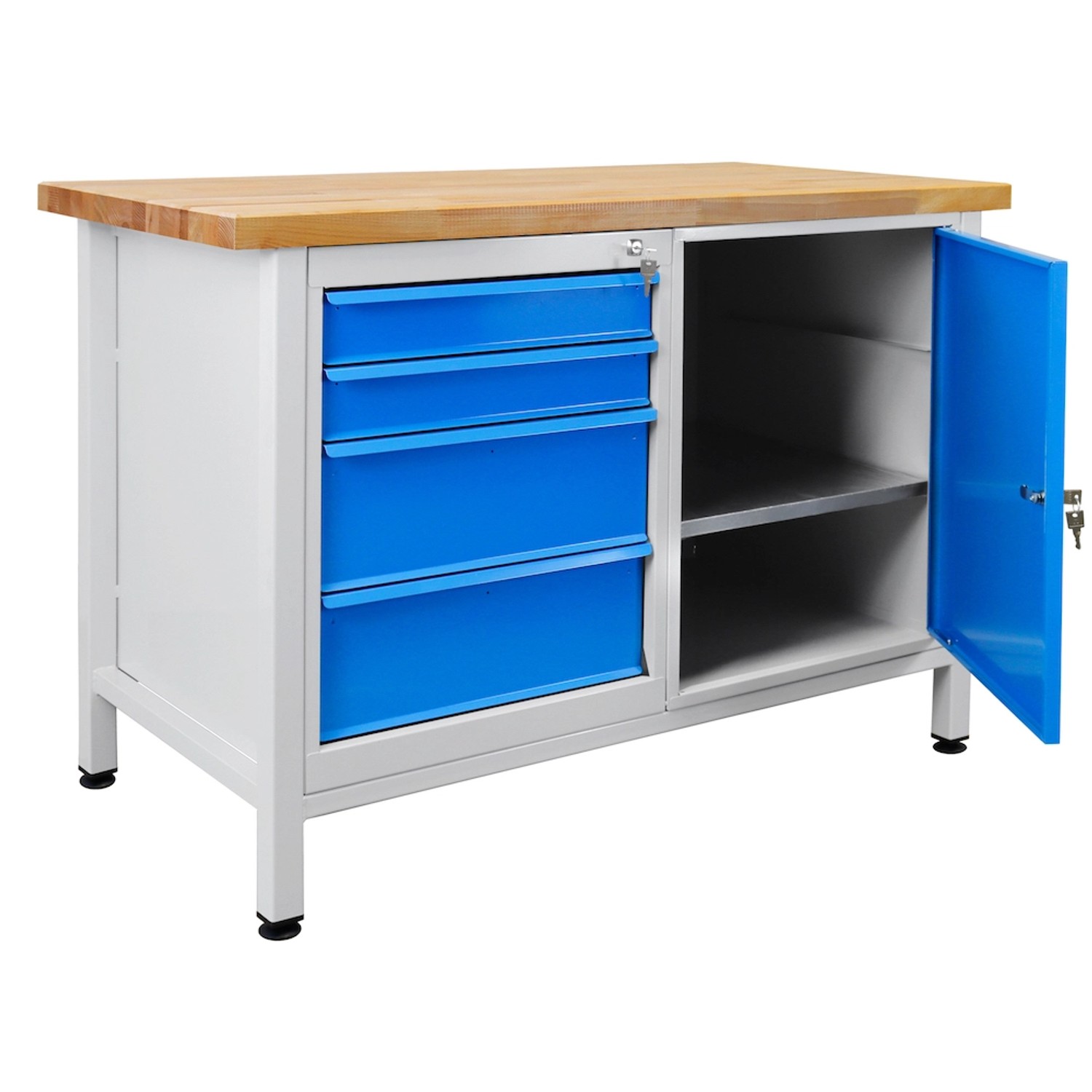 Werkbank Rhino mit 4 Schubladen und Tür, lichtgrau/lichtblau, Buchenholzplatte, Traglast 300 kg.