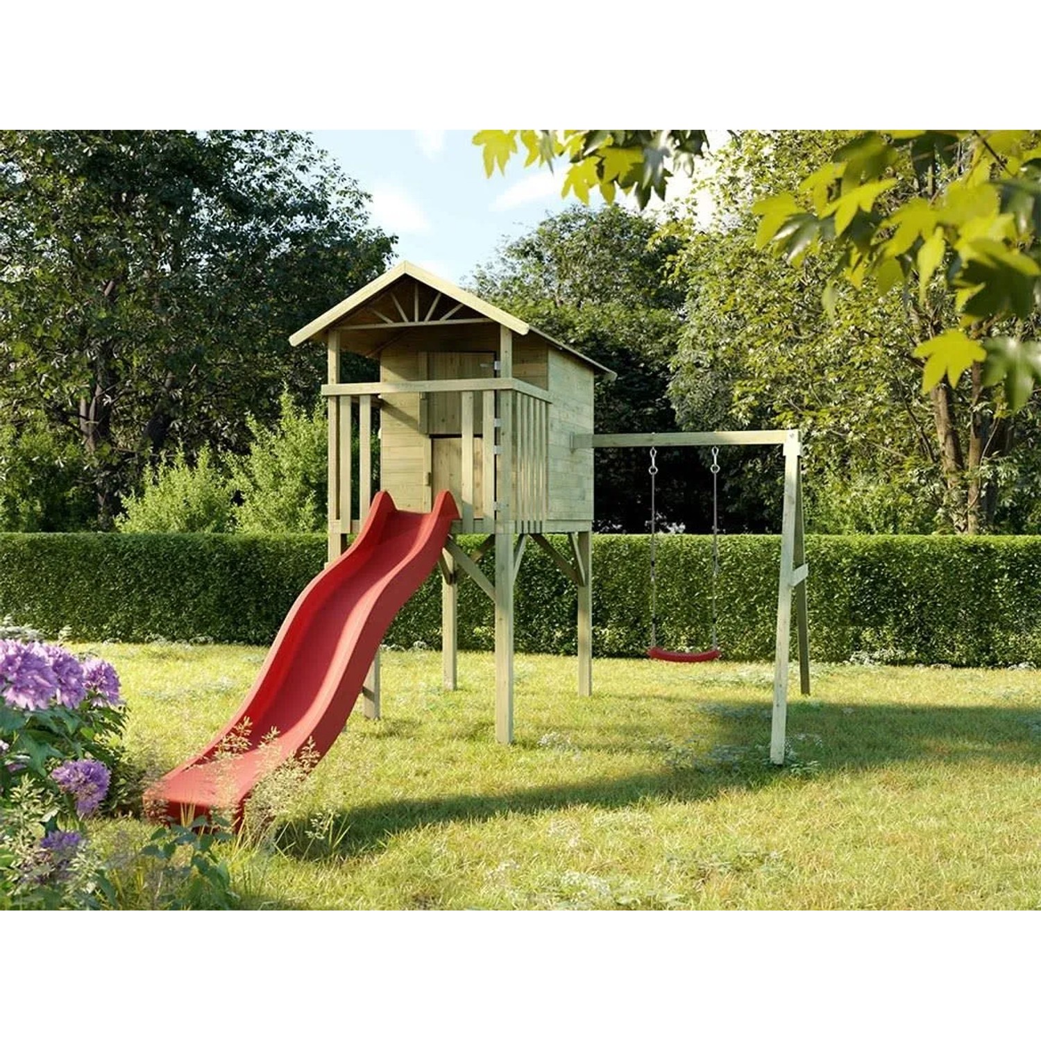 Prestige Garden Stelzenhaus Tree Hut KDI Inklusive Einzelschaukel und Rutsche Rot