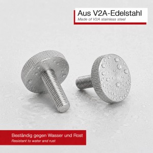 Zwei SOTECH Rändelschrauben M6 aus V2A Edelstahl, flacher Kopf, mit Wassertropfen, rostfrei und wasserbeständig.