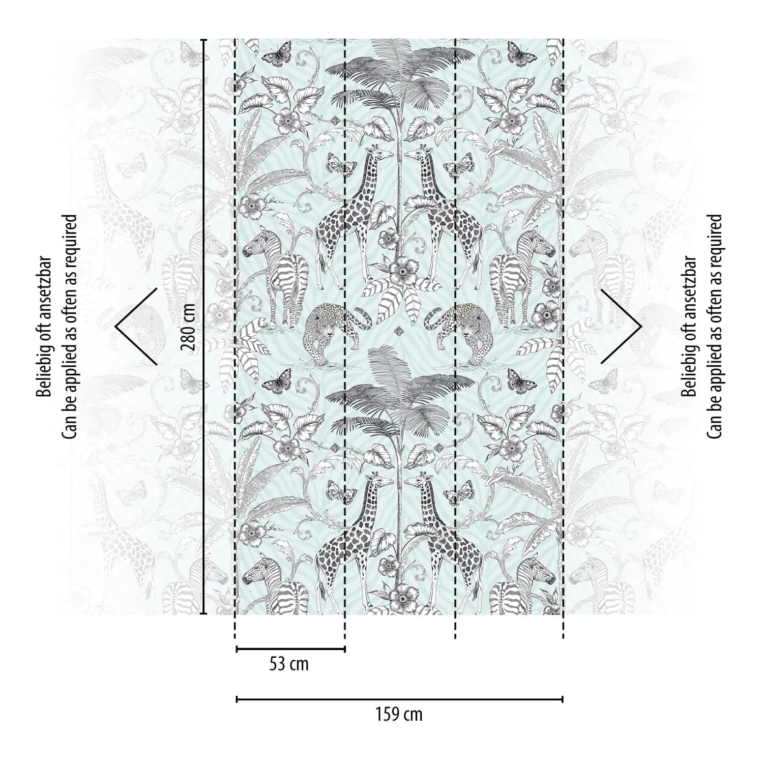 PROFHOME Fototapete mit Tiermotiv in Schwarz, Weiß und Grau. Dschungel, Zebra, Giraffe, Leopard.