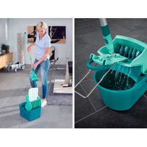 Leifheit Wischtuchpresse Profi Compact mit Bodenwischer für glatte Böden im Einsatz.