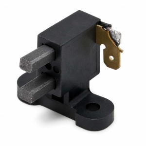 Schwarzer Kohlenhalter mit zwei Schleifkohlen und Flachsteckkontakt für 3-Phasen 400V Stromerzeuger.