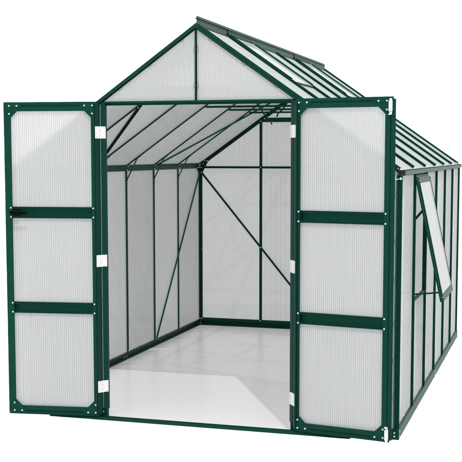 Vitavia Gewächshaus Olymp 9900 HKP, smaragdgrün, mit geöffneten Türen und Fenster.