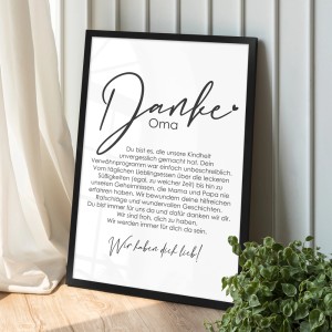 Gerahmtes Poster "Danke Oma" (20x30 cm) mit liebevoller Botschaft als Geschenkidee.