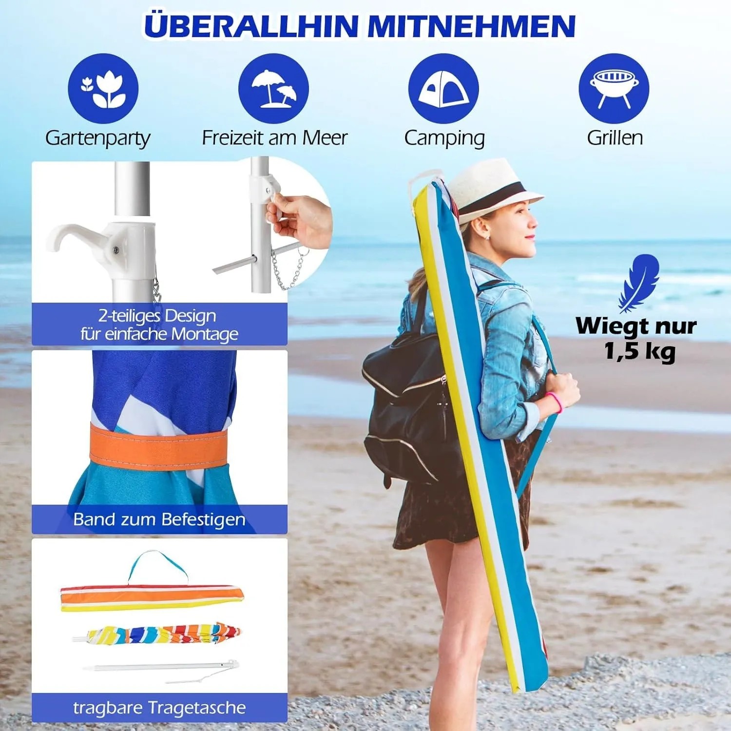 COSTWAY Sonnenschirm Strand, 178 cm, bunt, mit Tragetasche, ideal für den Strand.