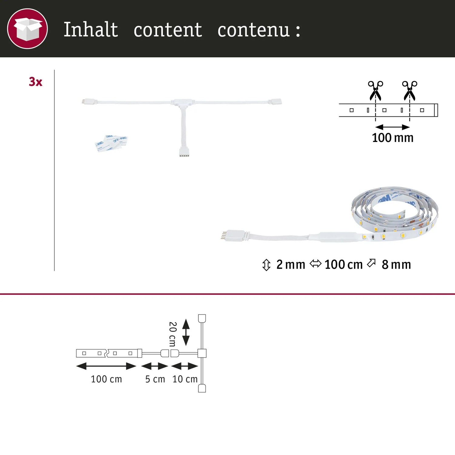 Paulmann MaxLED Stair LED-Strip-Erweiterung: 3x 1m LED-Streifen, Verteiler, Klebepads. Maße und Zuschnitt gezeigt.