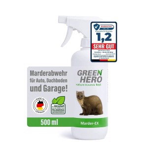 GreenHero Marder-Ex Spray zur Marderabwehr. Sprayflasche mit Hinweisen zu Anwendung und Inhaltsstoffen.