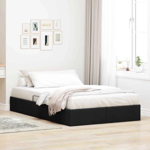 Schwarzes vidaXL Aufbewahrungsbett (120x200 cm) mit Stoffbezug und Kopfteil im Schlafzimmer.