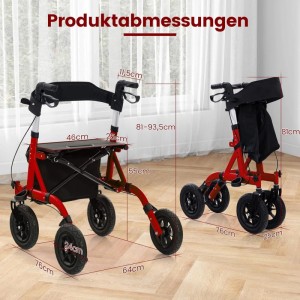 Costway Rollator mit Luftbereifung Faltbar mit Sitz Bis 136 kg Rot