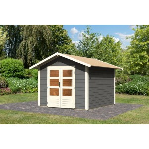 Terragraues Karibu Holz-Gartenhaus Tyka mit Satteldach und Doppeltür im Garten.