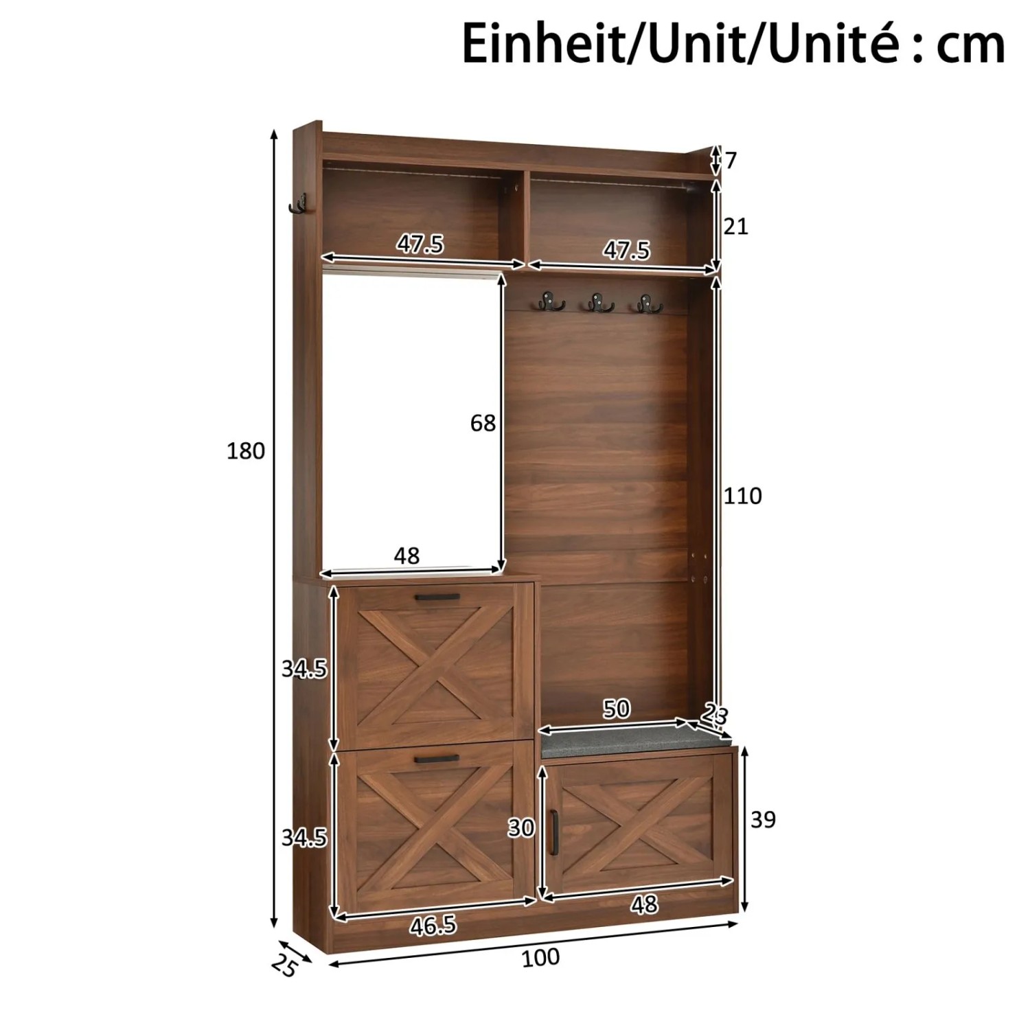 Dunkelbrauner Garderobenschrank 100x180 cm mit Spiegel, Sitzbank, Schuhfächern und Haken. Nussbaum Optik, X-Muster, LED.
