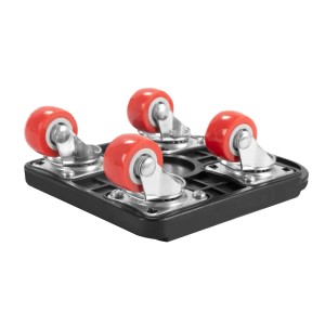 STAHLWERK Möbelroller: Schwarzes Brett mit vier roten 360° Rollen für Möbeltransport.