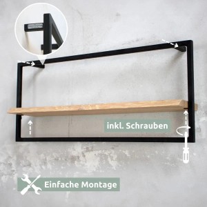 Holz4home Wandregal Long in Schwarz/Hellgrau: Wandboard aus Eiche mit schwarzem Metallrahmen.
