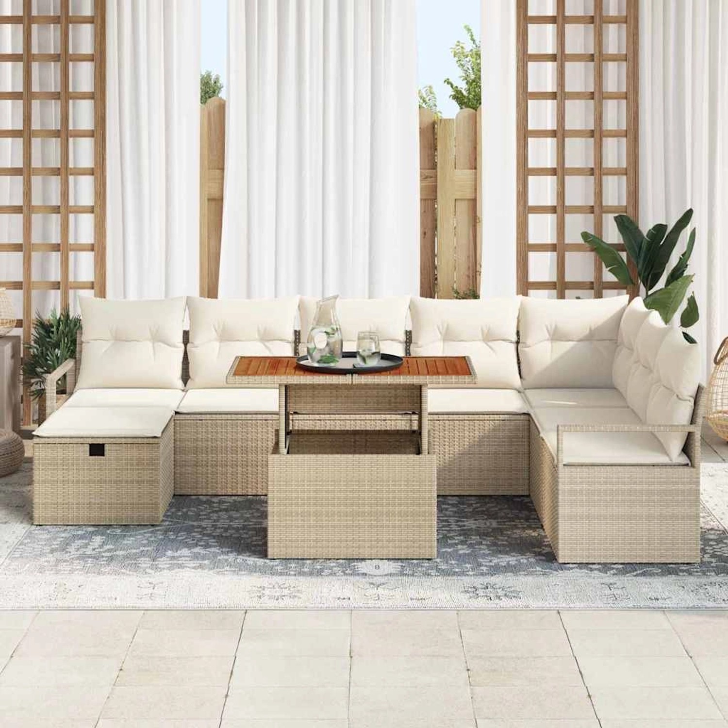 Beiges 9-teiliges vidaXL Garten-Sofa-Set aus Poly Rattan mit Kissen und Stauraum.