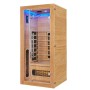Artsauna Infrarotkabine Kiruna90 aus Hemlockholz mit Glastür und LED-Beleuchtung.