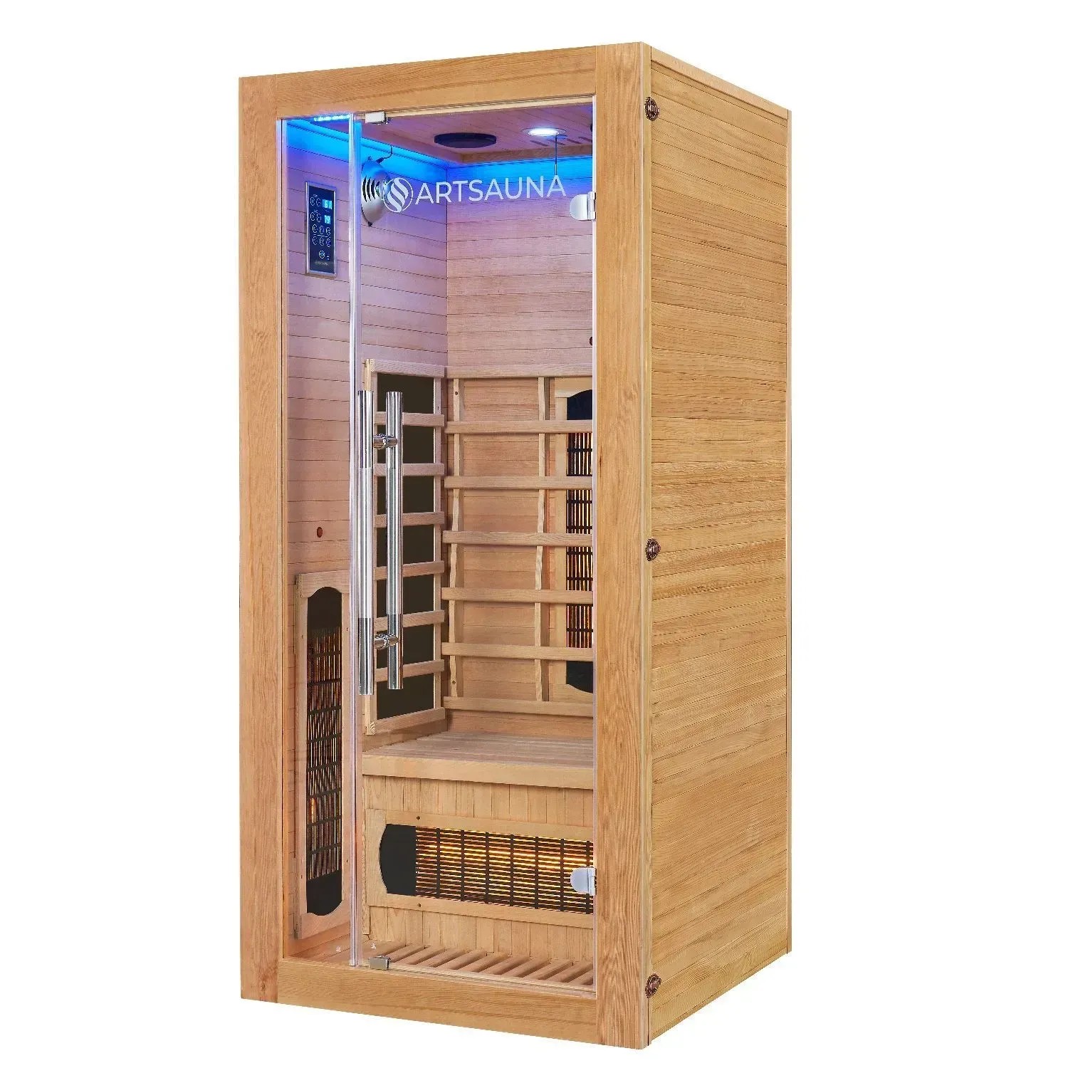 Artsauna Infrarotkabine Kiruna90 aus Hemlockholz mit Glastür und LED-Beleuchtung.